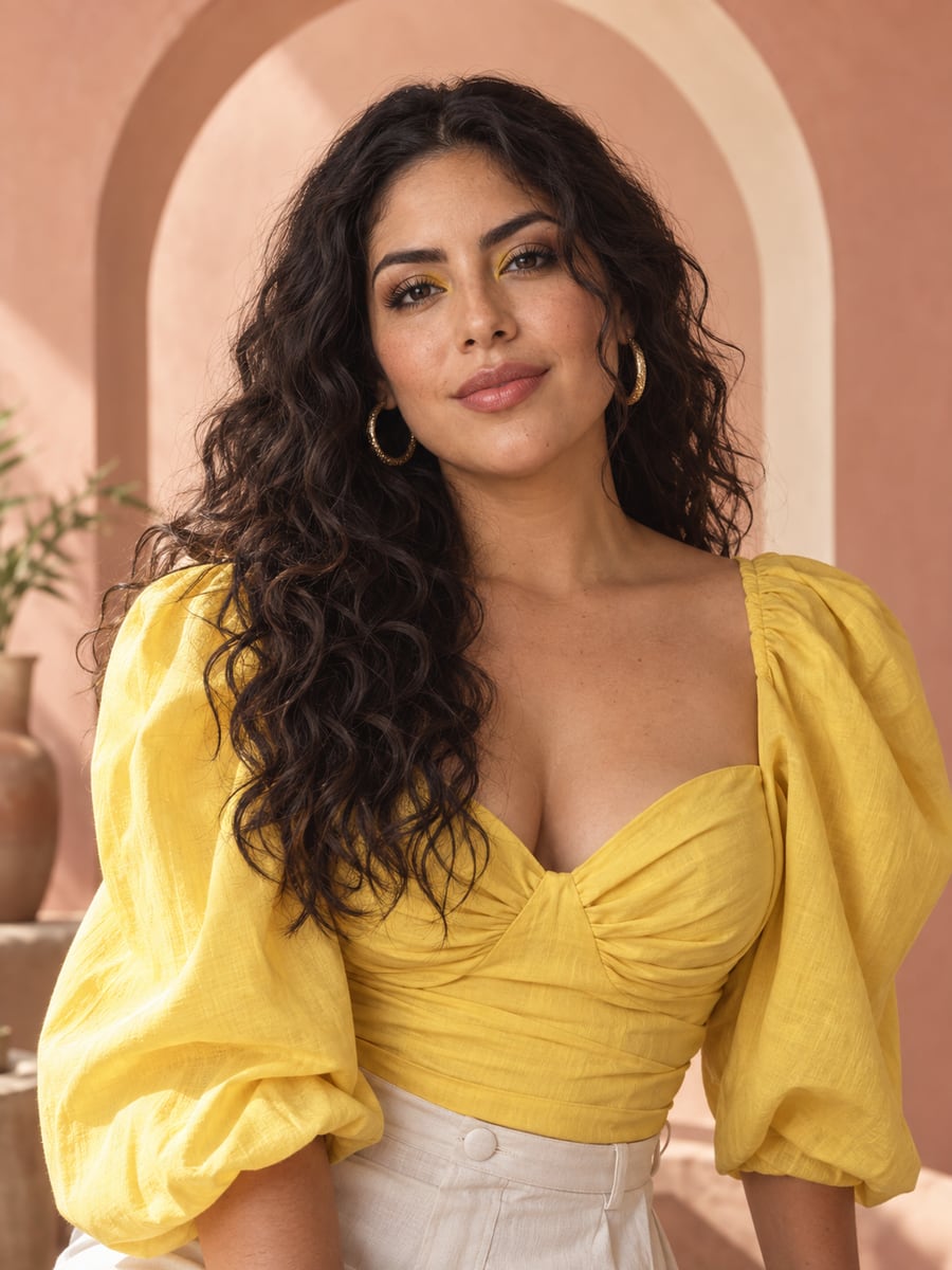 Mila Reyes, a fictional virtual beauty creator, in an editorial portrait